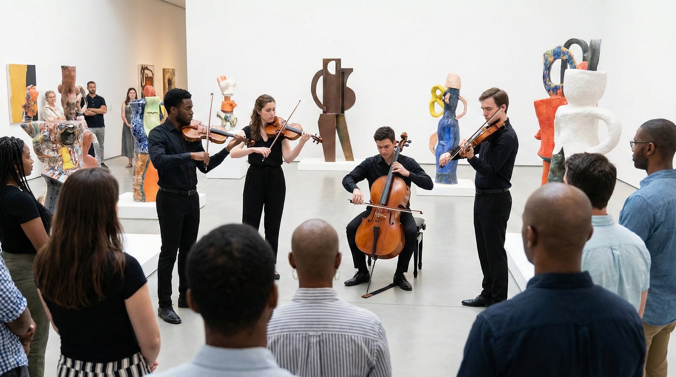 Musicians performing in an art gallery - young artists playing string instruments surrounded by contemporary artwork