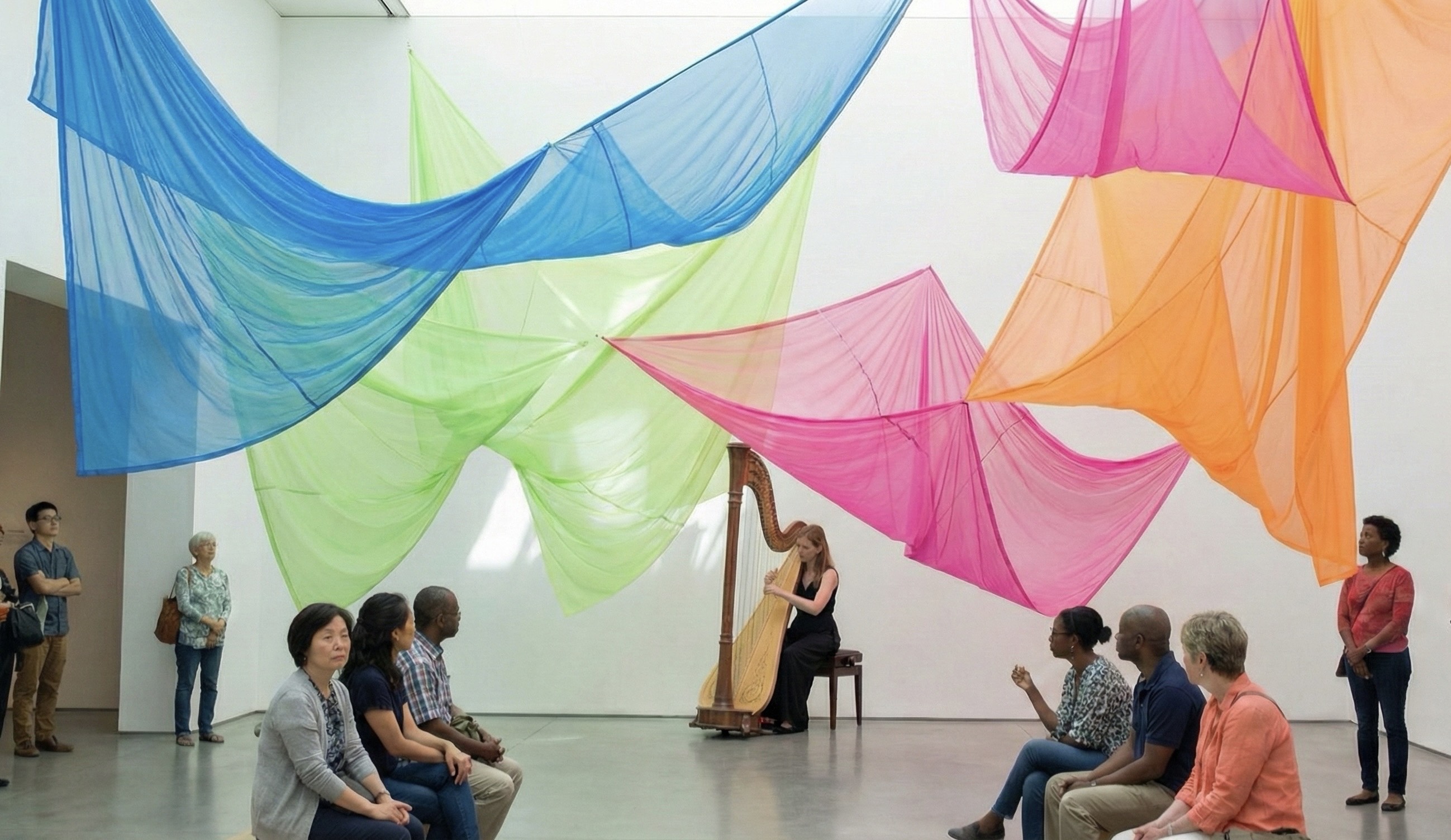 Musicians performing in an art gallery - young artists playing string instruments surrounded by contemporary artwork